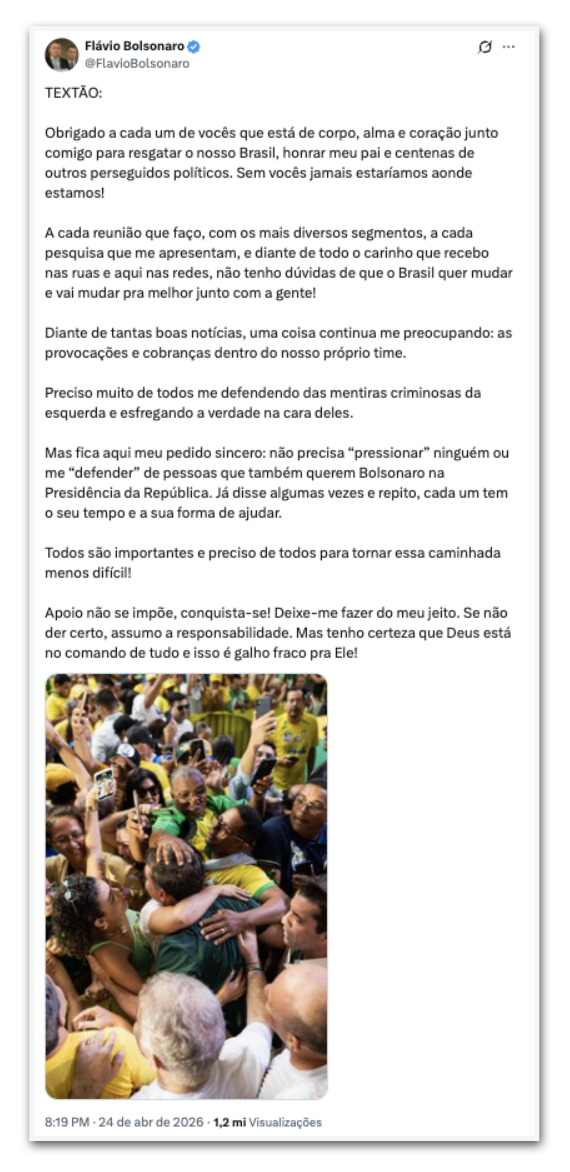 Flávio Bolsonaro clama por unidade entre aliados do PL após tensões