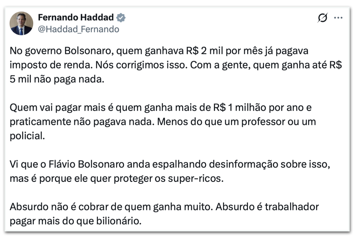 Haddad critica Flávio Bolsonaro e defende reforma tributária