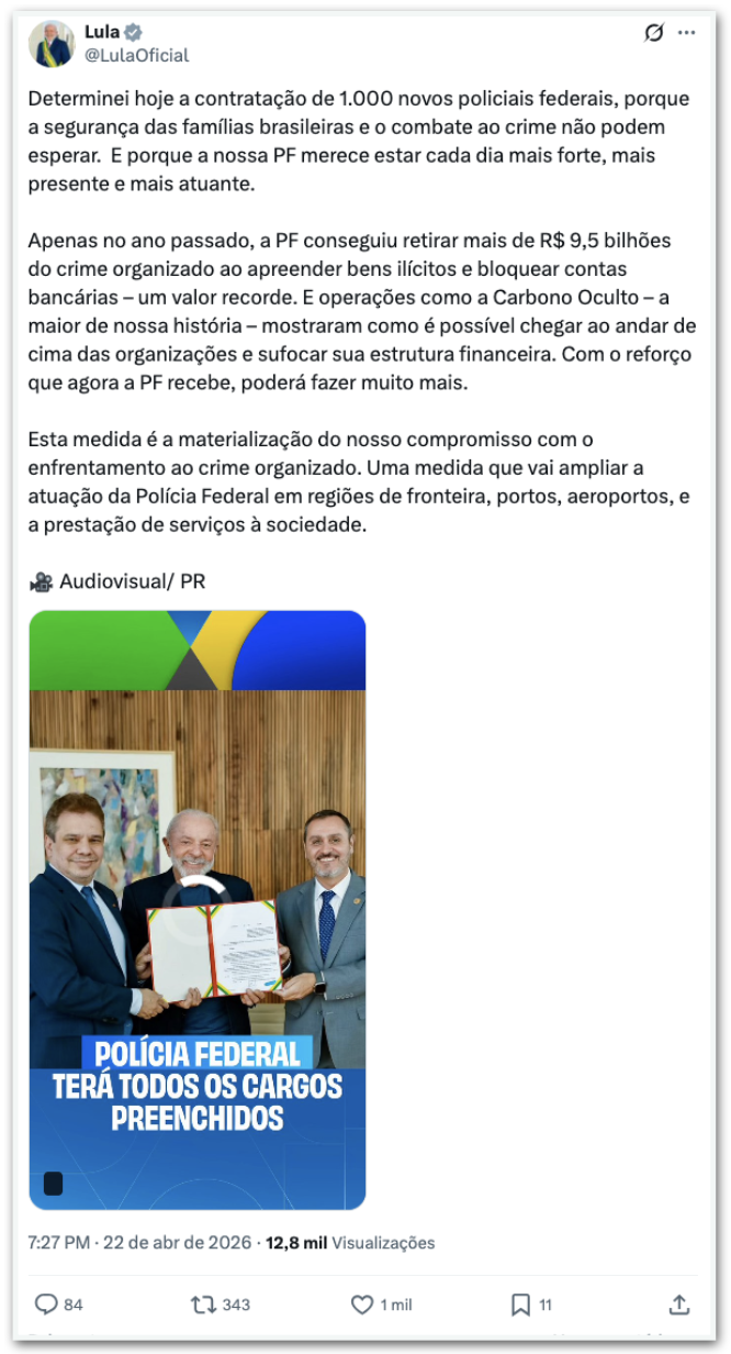 Lula autoriza contratação de 1.000 policiais federais